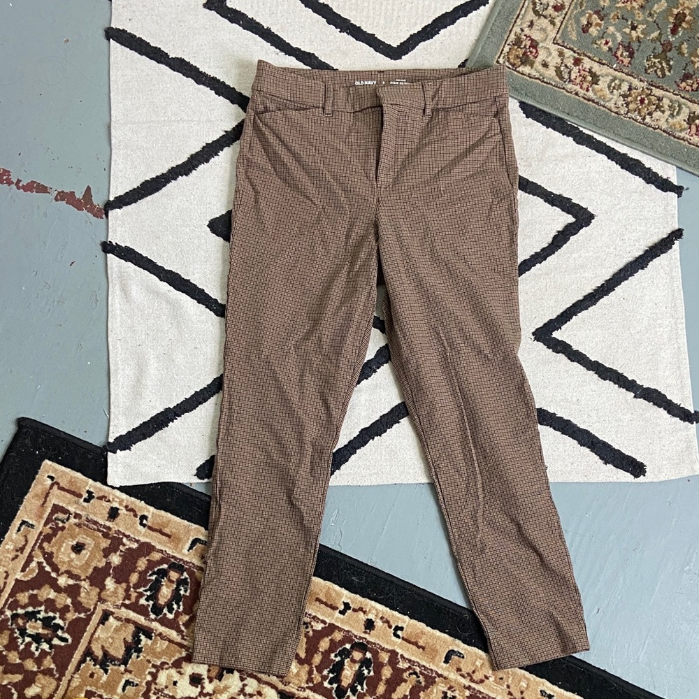 Old Navy High Rise Pixie Skinny Brown Micro-Plaid Ankle Chinos